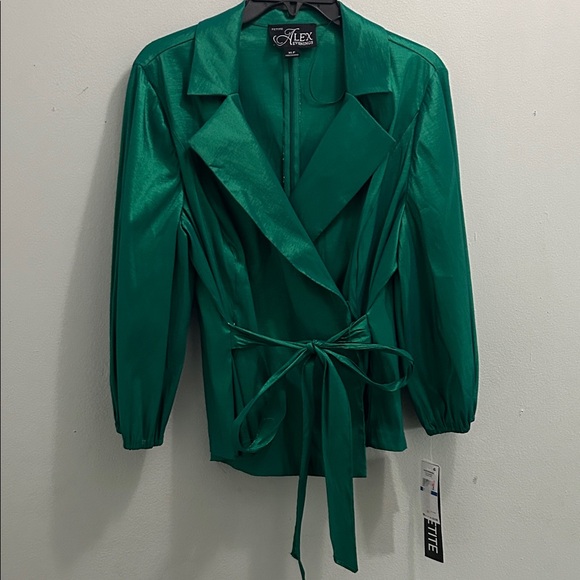 Alex Evenings Jackets & Blazers - Alex Evenings Emerald Satin Wrap Blazer with Tie Waist